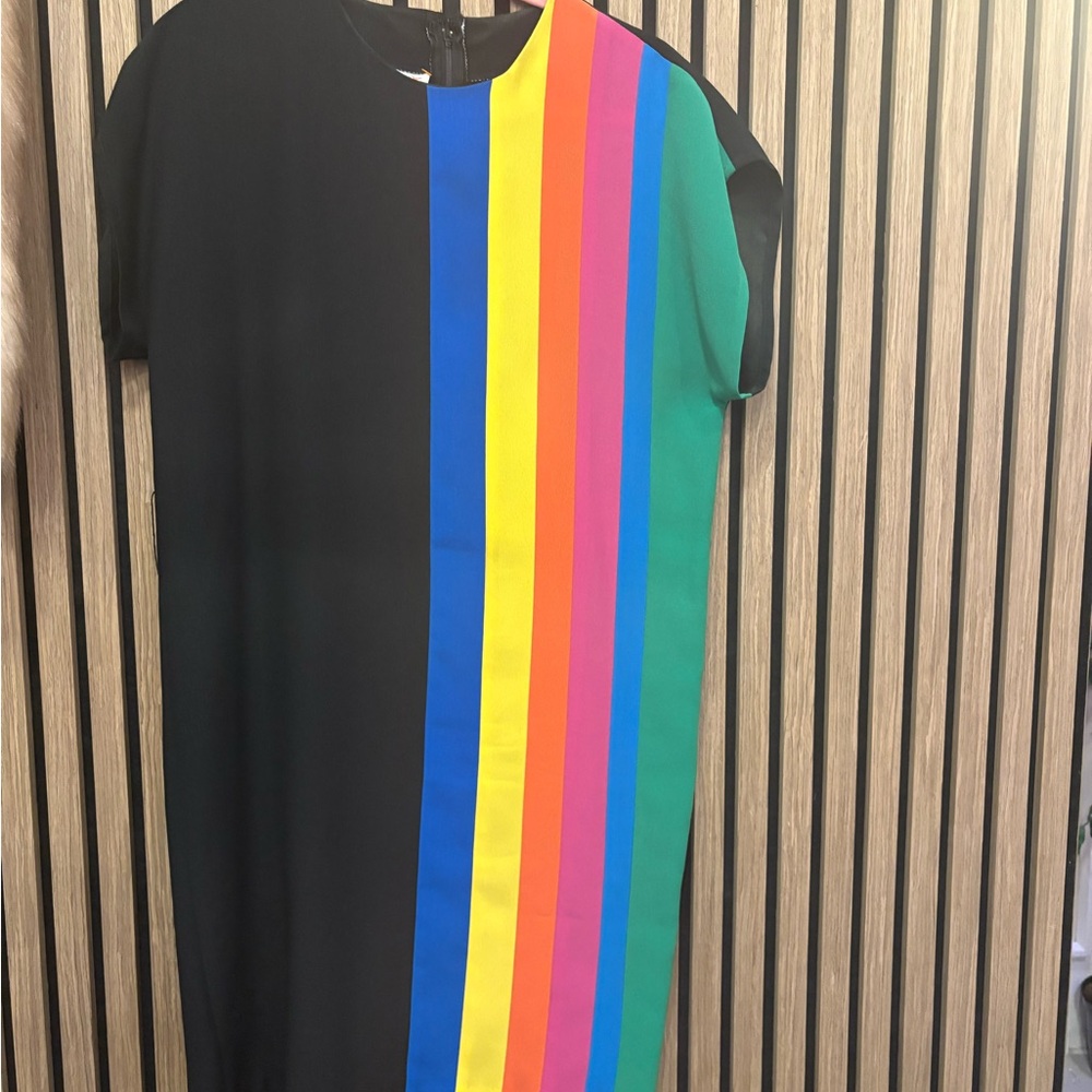 Simon Chang Black Dress with Multicolor Stripes